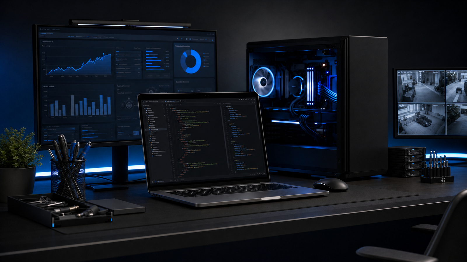 Modern workspace showing website coding, PC building, and IT technology